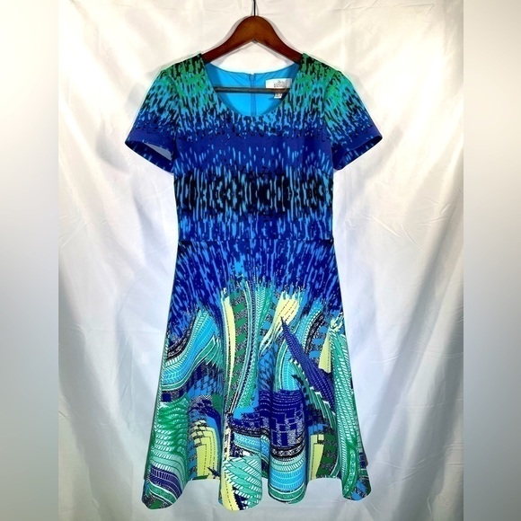 Badgley Mischka Womens Fit & Flare Dress Blue Green Yellow Size 4 - Picture 1 of 8